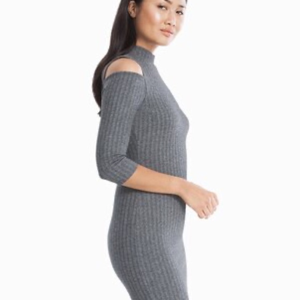 WHBM 3/4-Sleeve Cold Shoulder Mock Neck Ribbed Sheath Dress - Picture 9 of 9